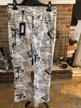 River Island White & Black Newspaper-Print Wide Leg Jeans